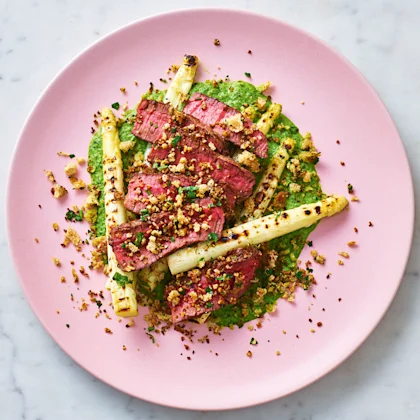 White Asparagus, Steak and Watercress Sauce
