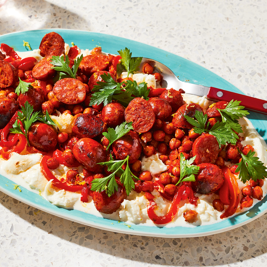 Cheat’s ‘Burrata’ with Chorizo and Crispy Chickpeas