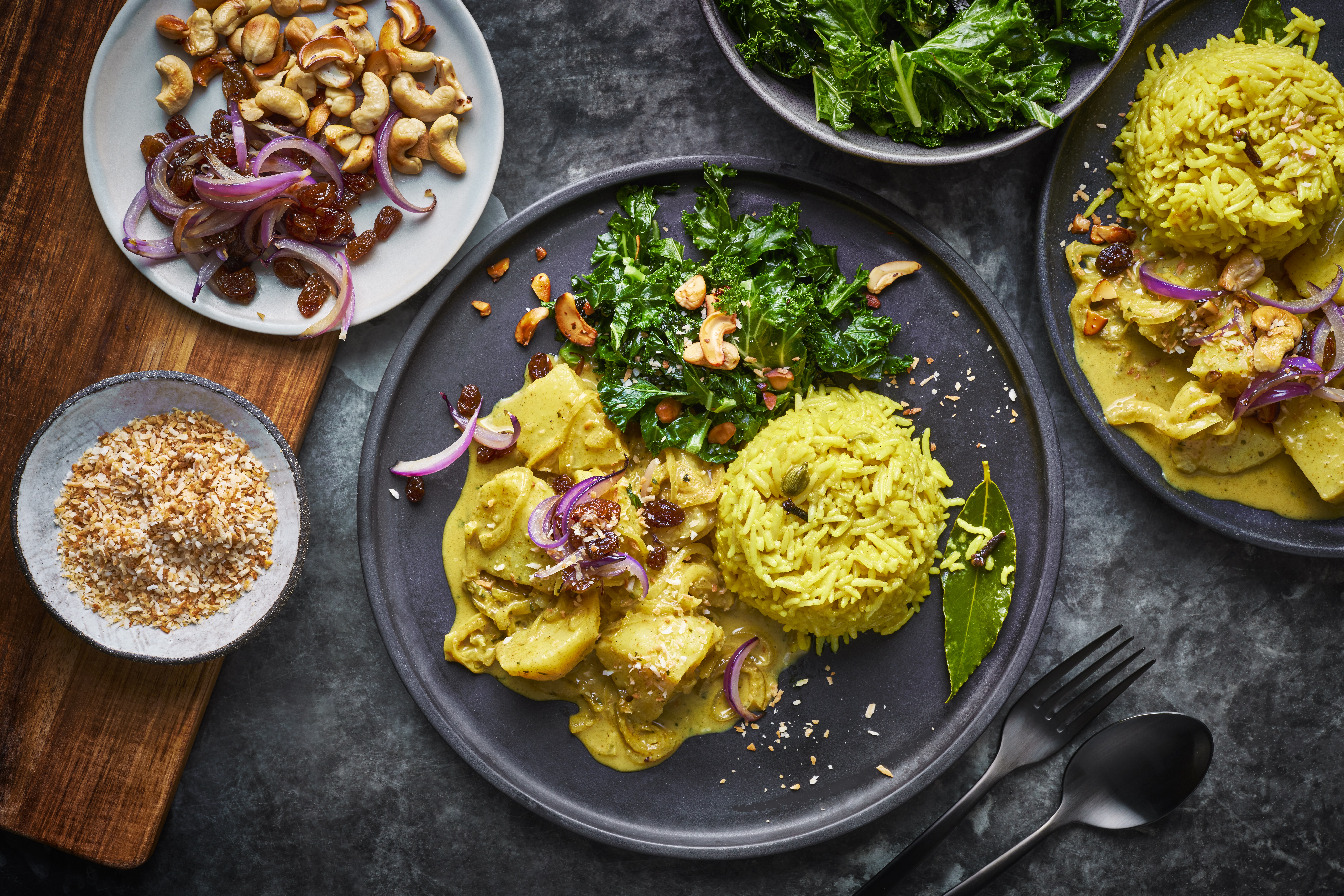 Sri Lankan Potato Curry, Yellow Rice, Kale Mallung and Coconut Sambal