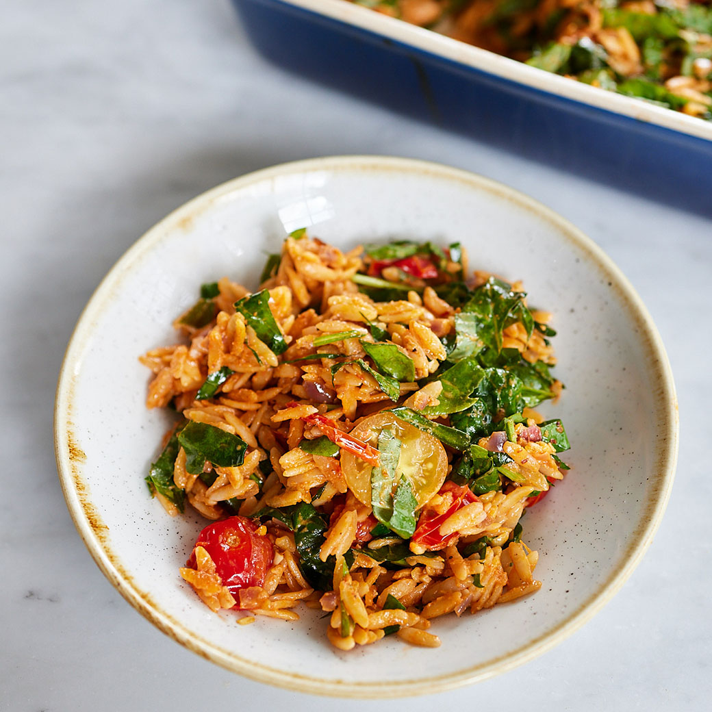 Spicy Tomato Orzo Traybake with Coconut Milk, Miso and Chilli
