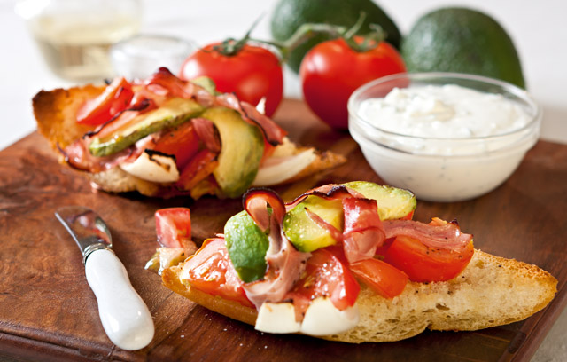 Avocado and Vine Tomato Bruschetta with Sour Cream & Chive Dip