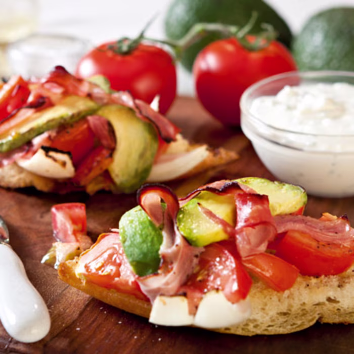 Avocado and Vine Tomato Bruschetta with Sour Cream & Chive Dip