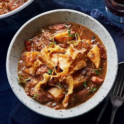 Beef Stew with Smoky Bacon and Celeriac Crisps
