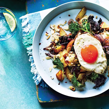 Spicy Kale, Onion, Almond & Potato Hash with Fried Eggs
