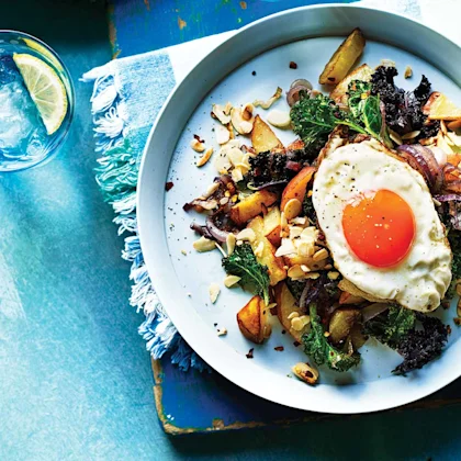 Spicy Kale, Onion, Almond & Potato Hash with Fried Eggs