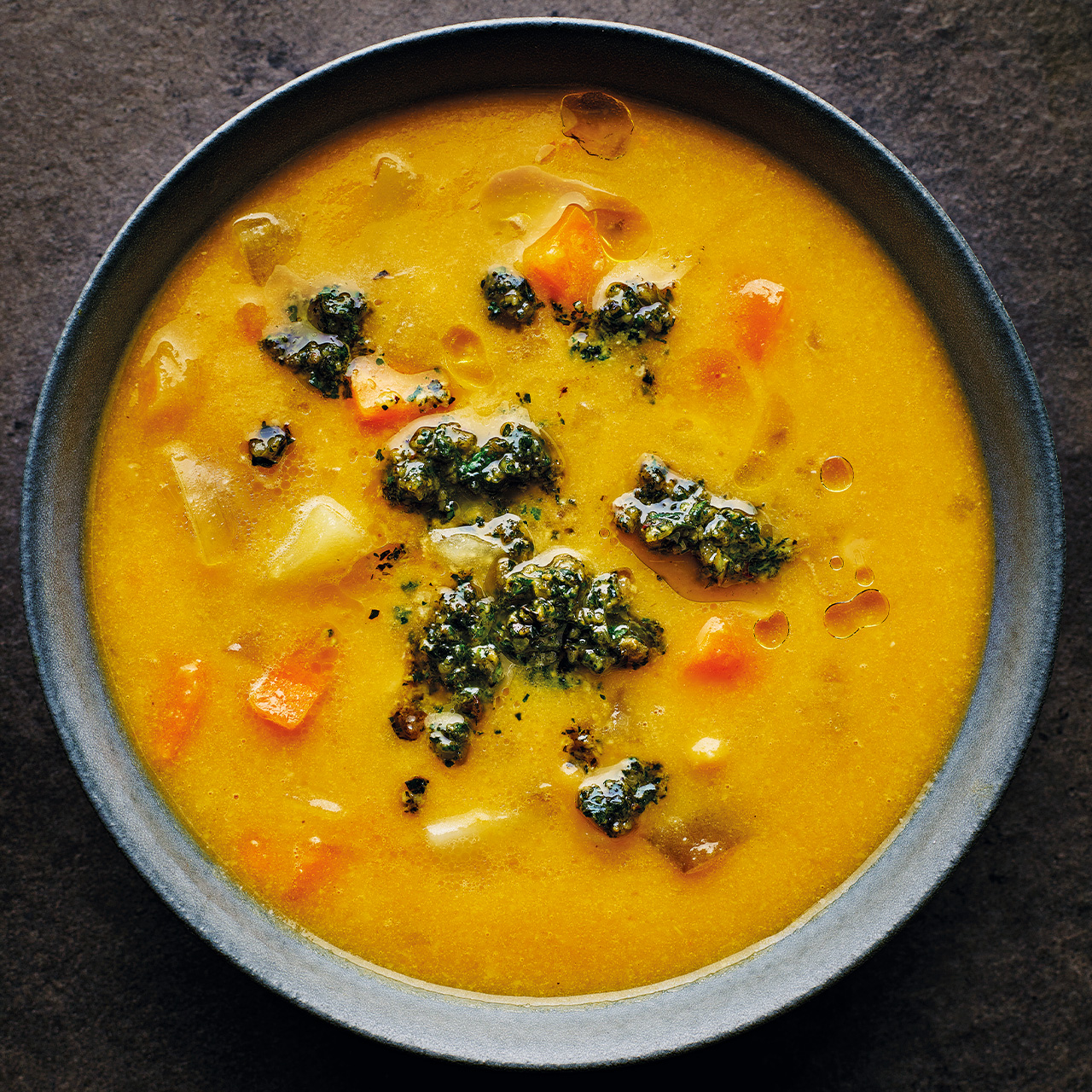 Split Pea Soup with Charred Onion and Almond Salsa