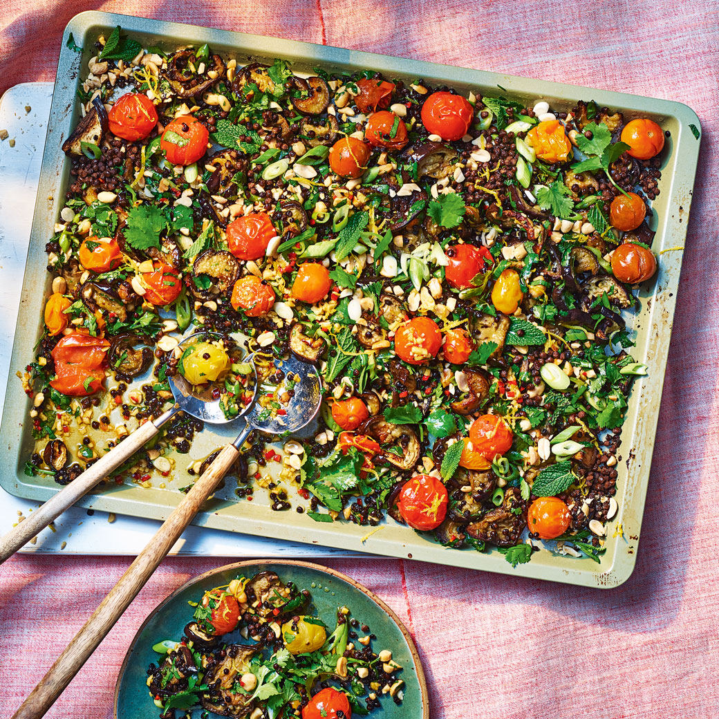 Crispy Lentil Traybake with Aubergine and Herbs