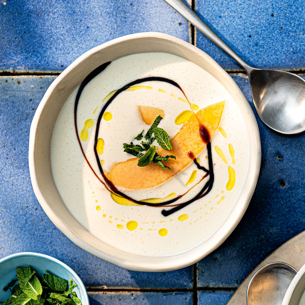 Ajo Blanco with Cantaloupe Melon and Mint
