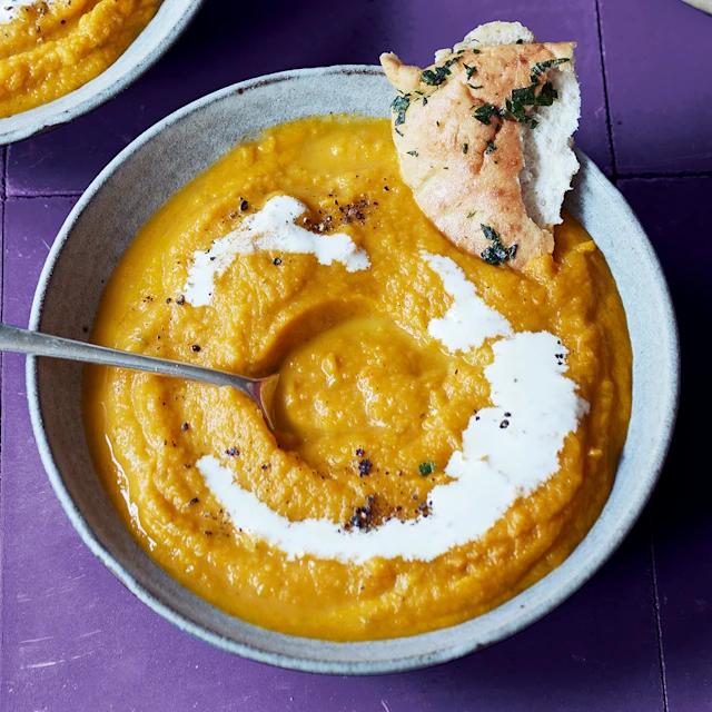 Roasted Carrot and Sage Soup with Garlic Pittas