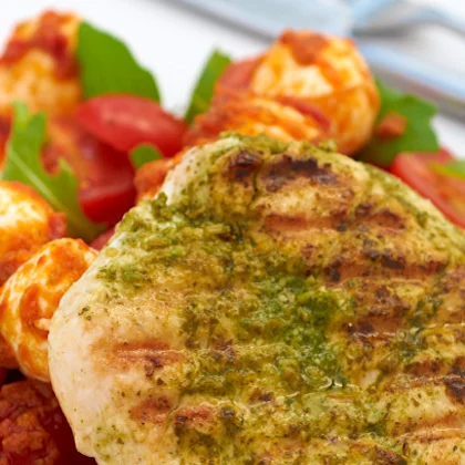 Butterflied Pesto Chicken With Mozzarella Salad