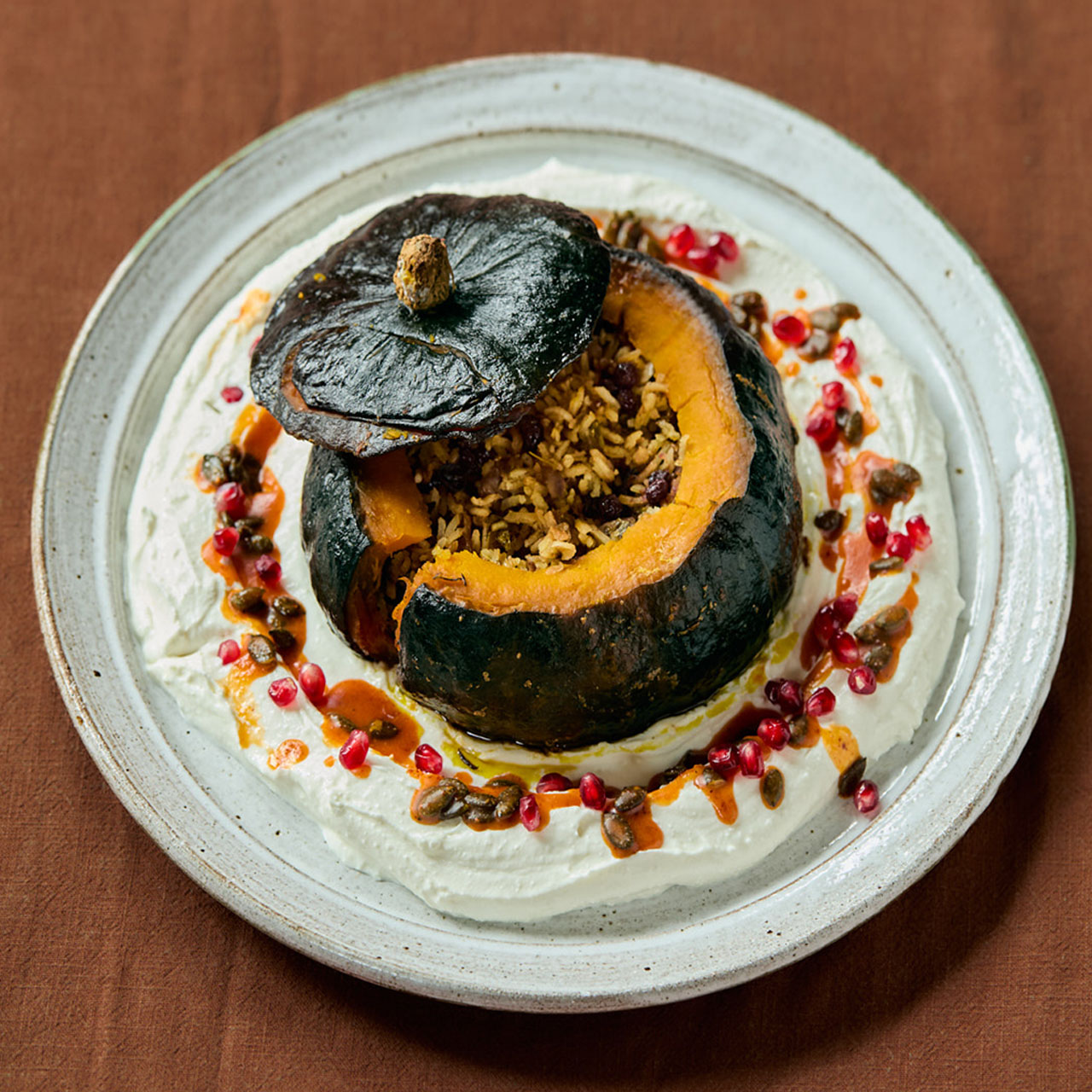 Wild Mushroom, Rice, Chestnut and Currant Stuffed Delica Pumpkin