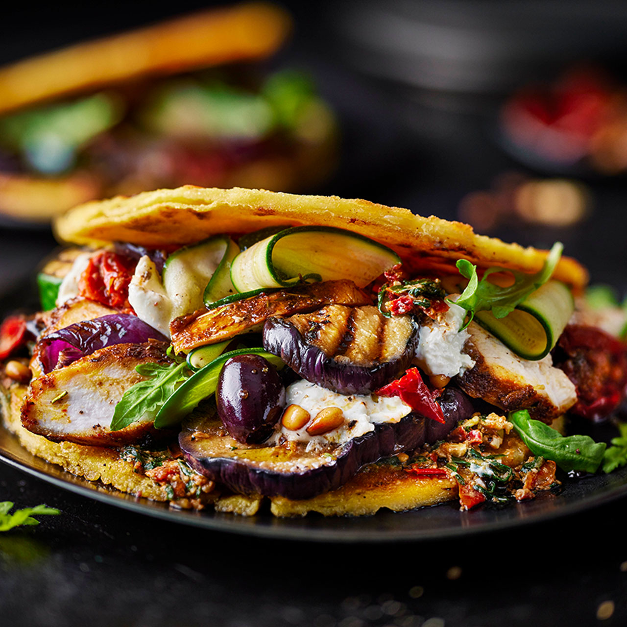Charred Chicken and Veg Socca Sandwich with Burrata Cream