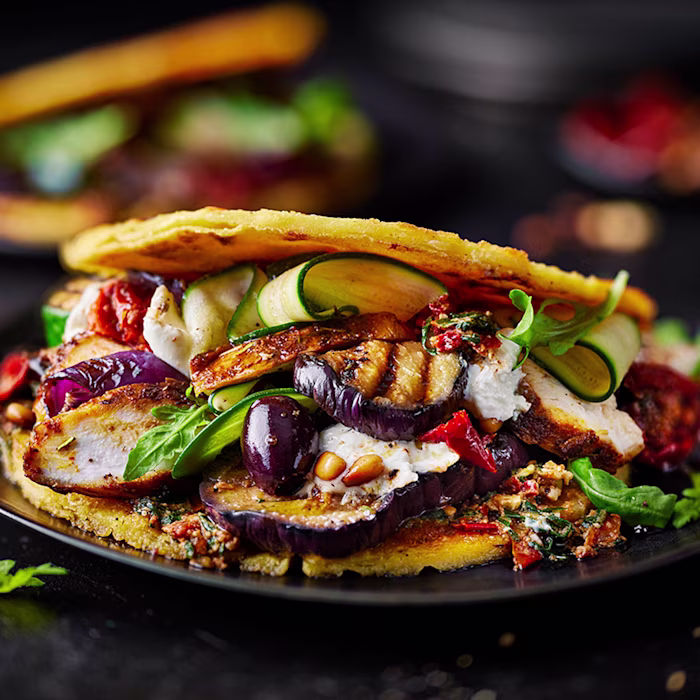 Charred Chicken and Veg Socca Sandwich with Burrata Cream