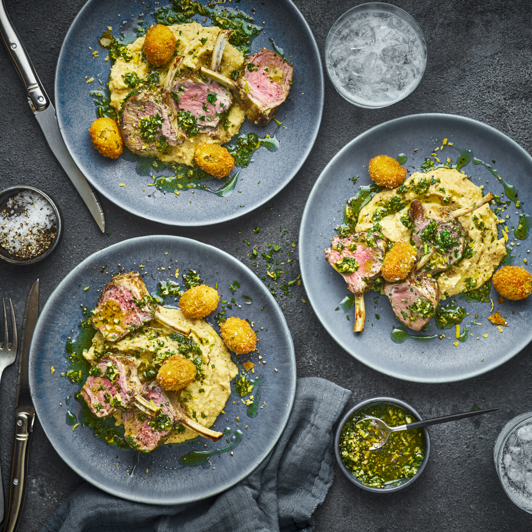 Lamb Chops with Gremolata, White Bean Mash and Fried Olives
