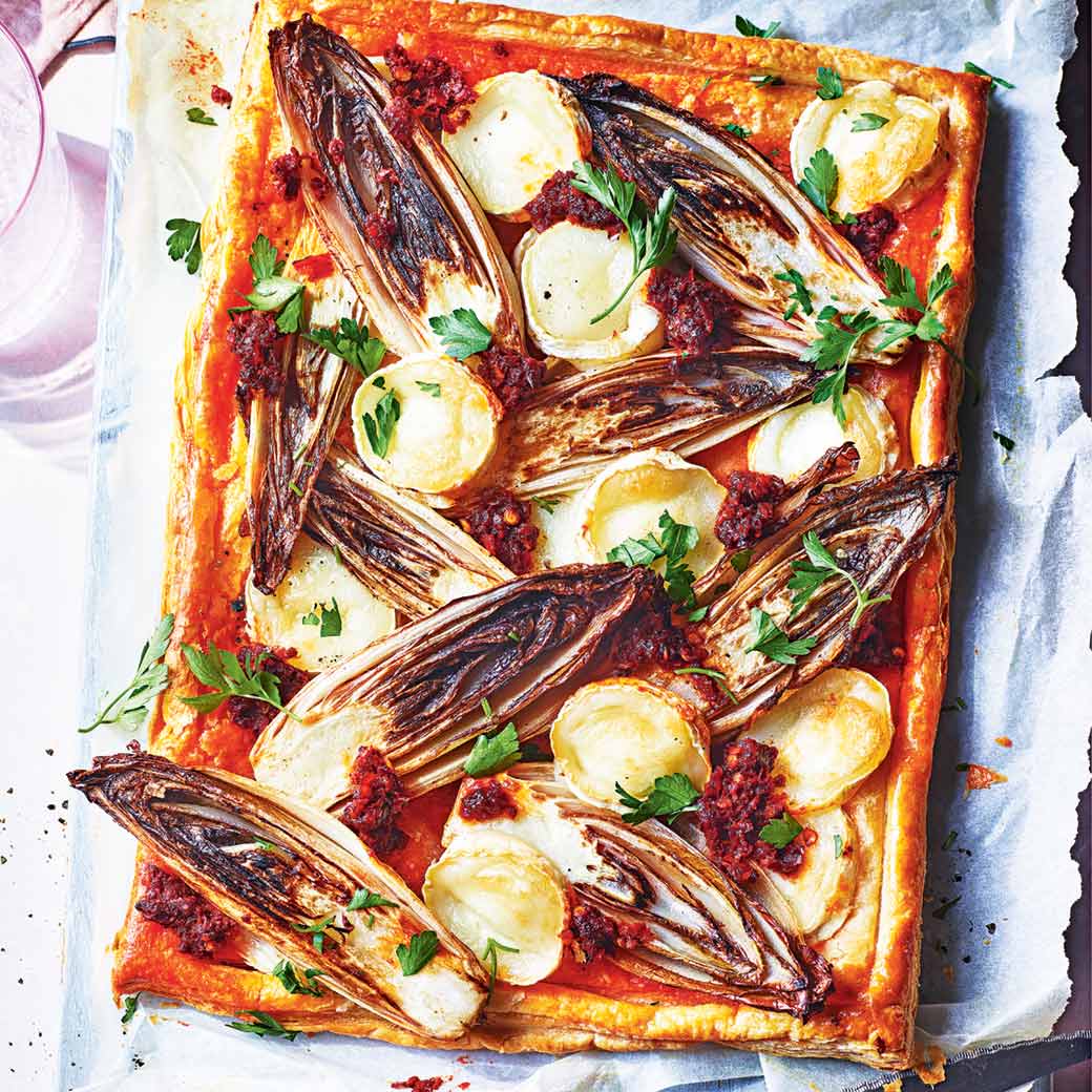 Chicory, goat’s cheese and nduja tart