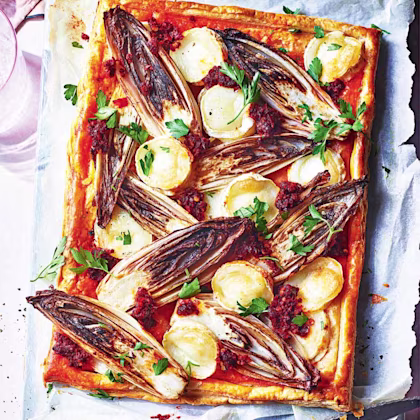 Chicory, goat’s cheese and nduja tart