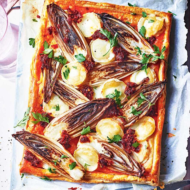 Chicory, goat’s cheese and nduja tart