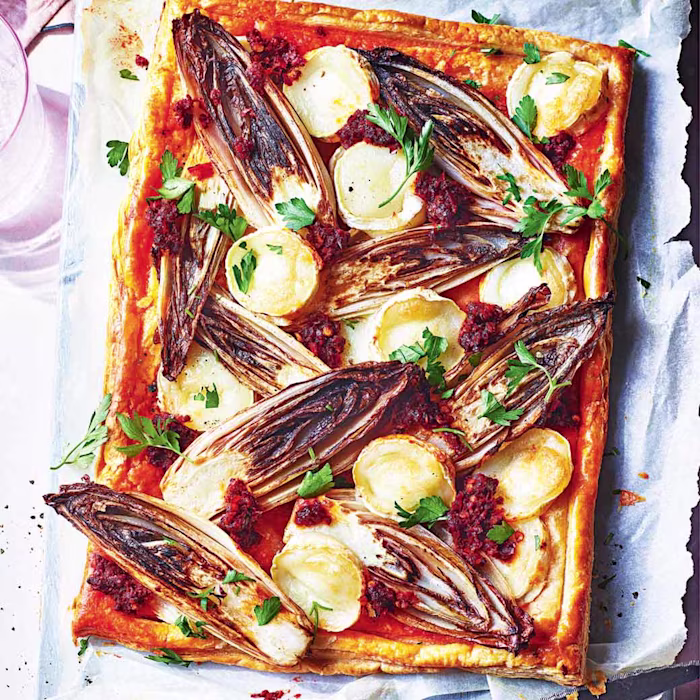 Chicory, goat’s cheese and nduja tart