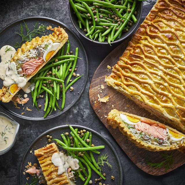 Salmon Coulibiac with Champagne Veloute, Fine Beans and Walnut Oil