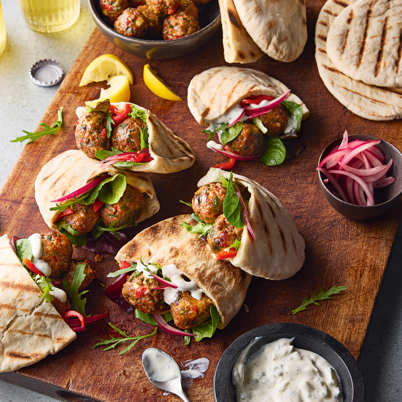 Merguez, Feta and Red Pepper Meatball Stuffed Pittas 