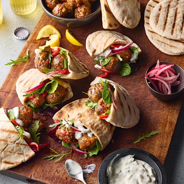 Merguez, Feta and Red Pepper Meatball Stuffed Pittas