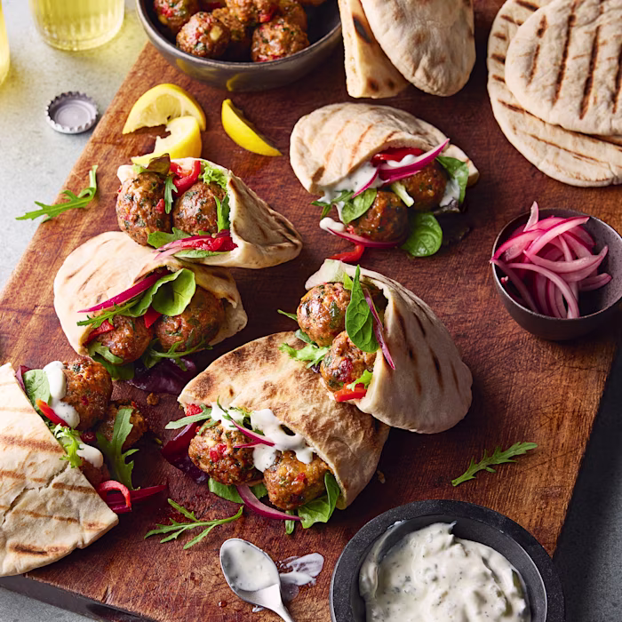 Merguez, Feta and Red Pepper Meatball Stuffed Pittas