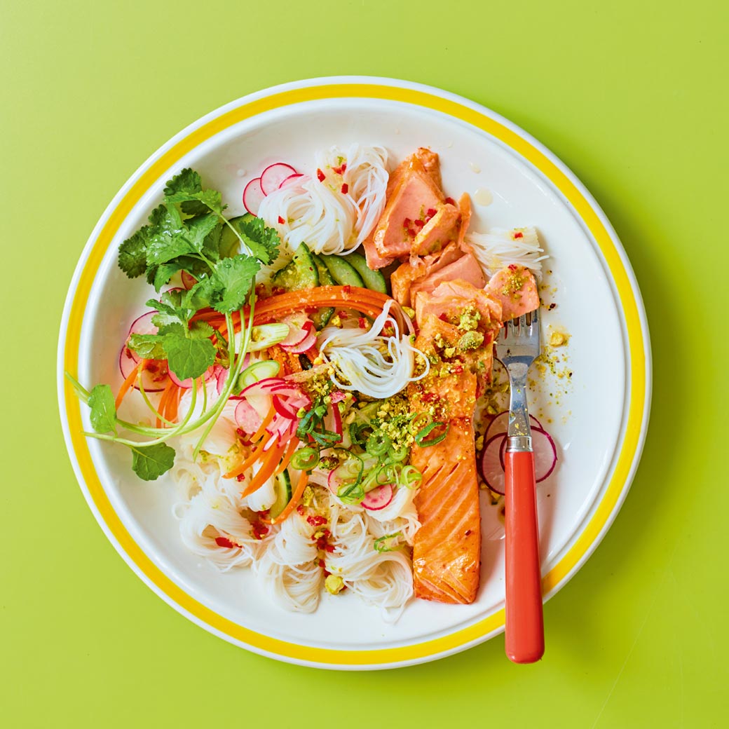 Chilli salmon noodle salad with fresh herbs and lime