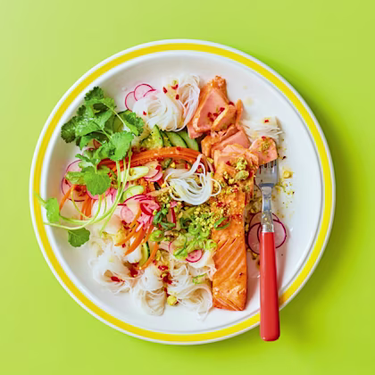 Chilli salmon noodle salad with fresh herbs and lime