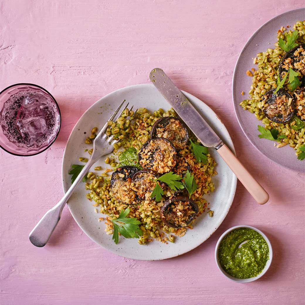 Farro with Basil and Spinach Pesto, Roast Garlic Mushrooms and Pangrattato