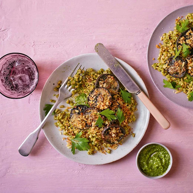 Farro with Basil and Spinach Pesto, Roast Garlic Mushrooms and Pangrattato