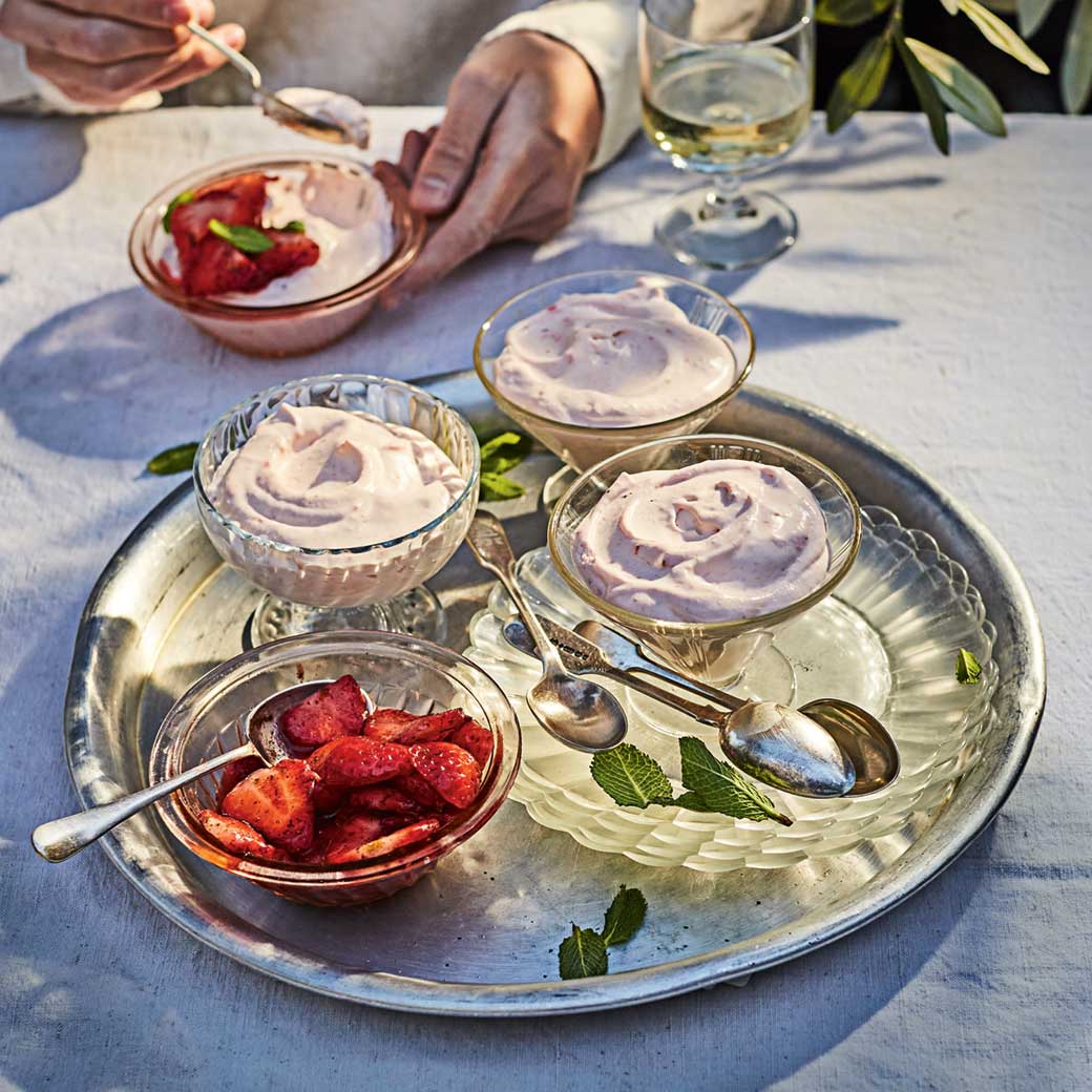 Strawberry mousse with strawberries marinated in lime and sumac