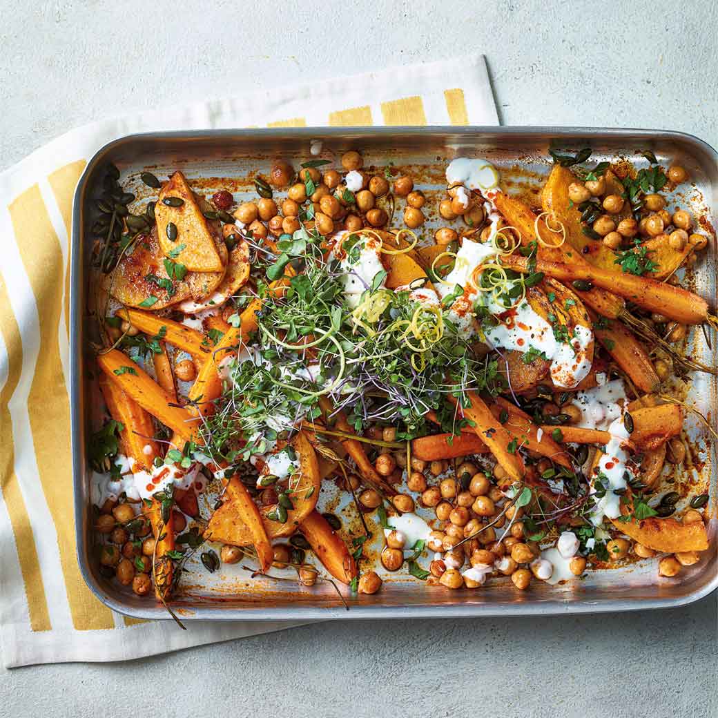 Harissa Roasted Squash, Carrots and Chickpeas with Lemony Yogurt