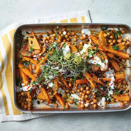 Harissa Roasted Squash, Carrots and Chickpeas with Lemony Yogurt