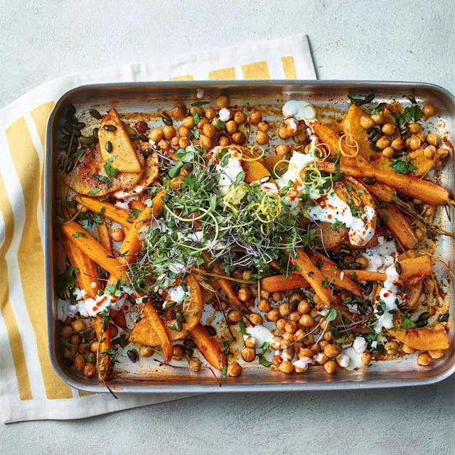 Harissa Roasted Squash, Carrots and Chickpeas with Lemony Yogurt