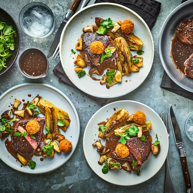 Beef Fillet with Beef Bonbons, Wild Mushrooms and Fennel