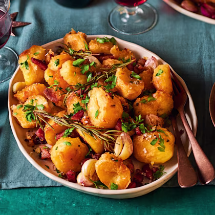 Beef Dripping Roast Potatoes with Peppercorns and Smoked Bacon Lardons