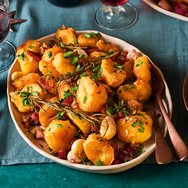 Beef Dripping Roast Potatoes with Peppercorns and Smoked Bacon Lardons