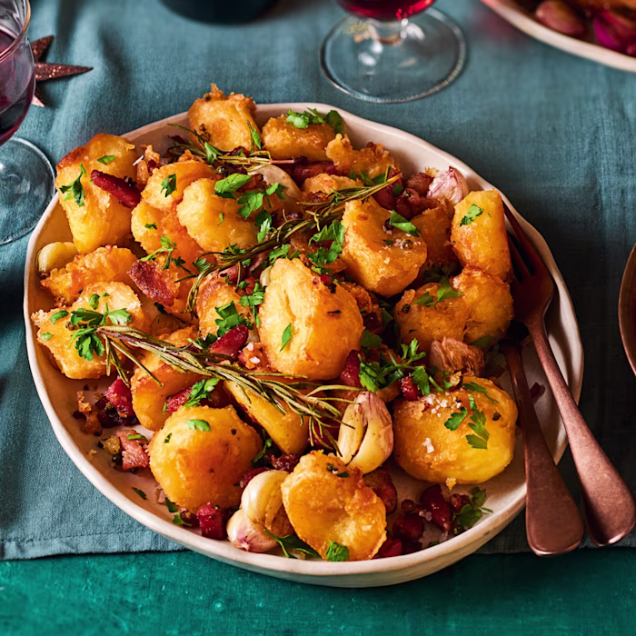 Beef Dripping Roast Potatoes with Peppercorns and Smoked Bacon Lardons