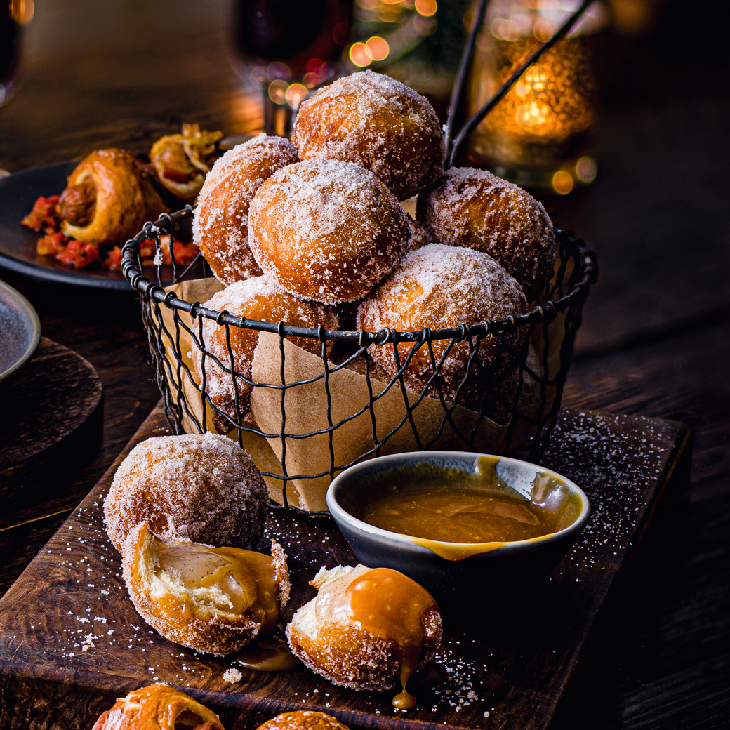 Spiced Mini Apple Doughnuts with Caramel Sauce