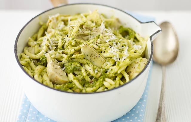 Trofie with Basil Pesto, Mascarpone  and Artichokes