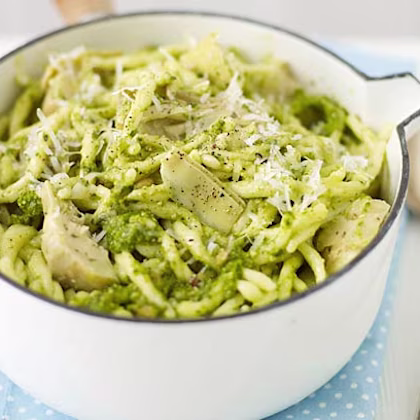 Trofie with Basil Pesto, Mascarpone and Artichokes