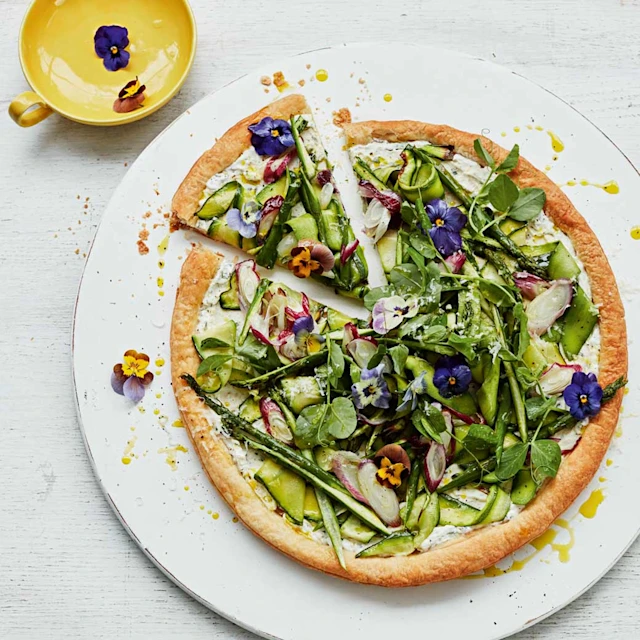 Purple spring onion and ricotta puff pastry tart