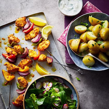 Curried Chicken Kebabs with New Potatoes and Salad