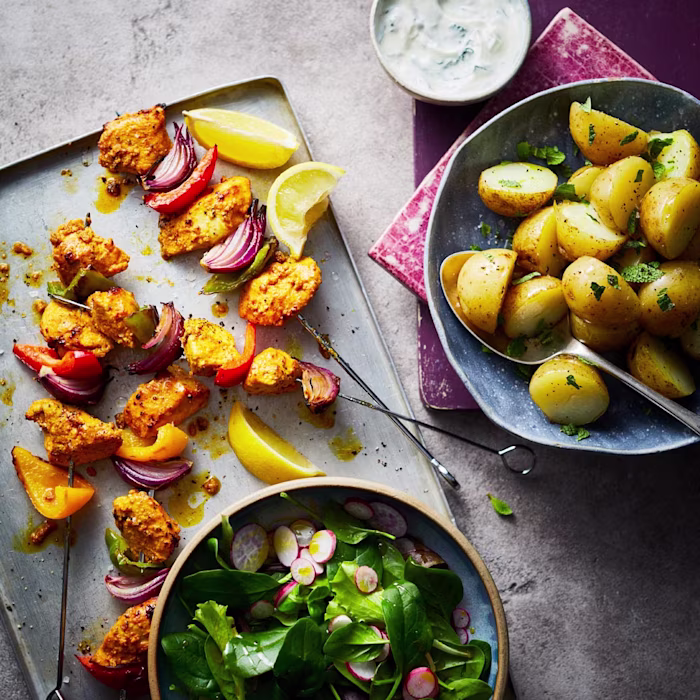 Curried Chicken Kebabs with New Potatoes and Salad