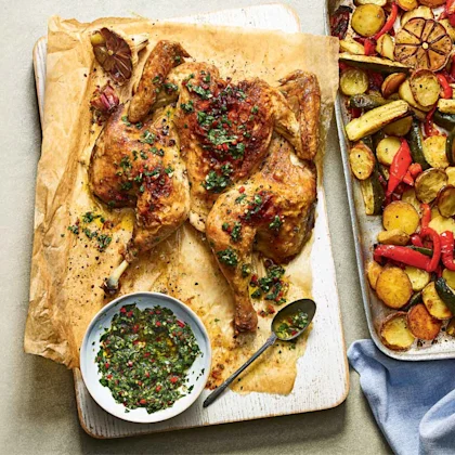 Roast Chimmichurri Spatchcock Chicken Traybake