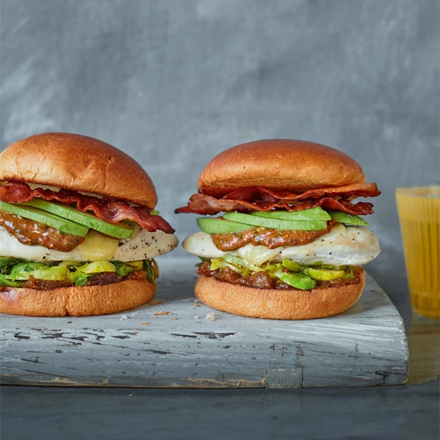 Chicken Burger with Satay Sauce and Sauteed Sprouts