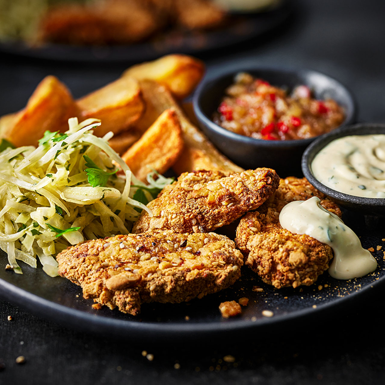 Crunchy Sesame and Parmesan Chicken Goujons with Pear and Chilli Jam