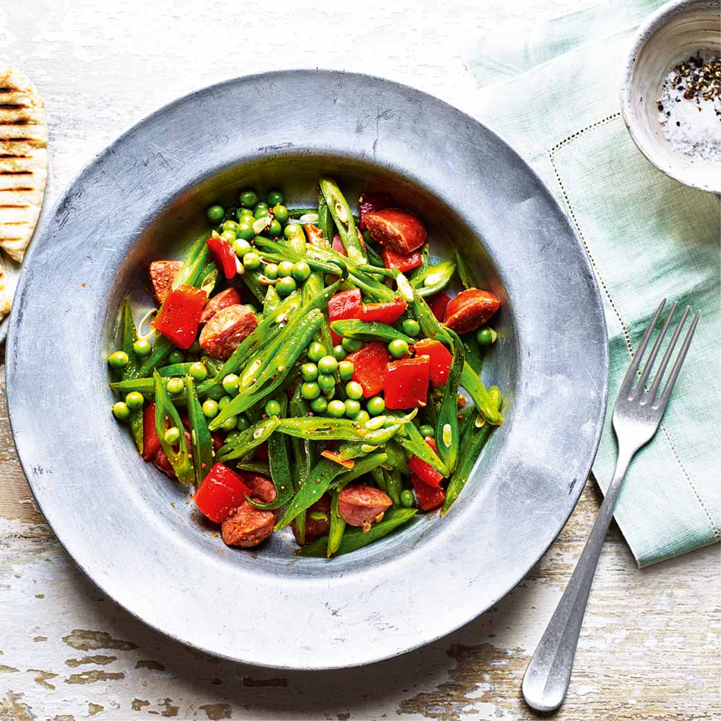 Runner beans, peas & chorizo warm salad