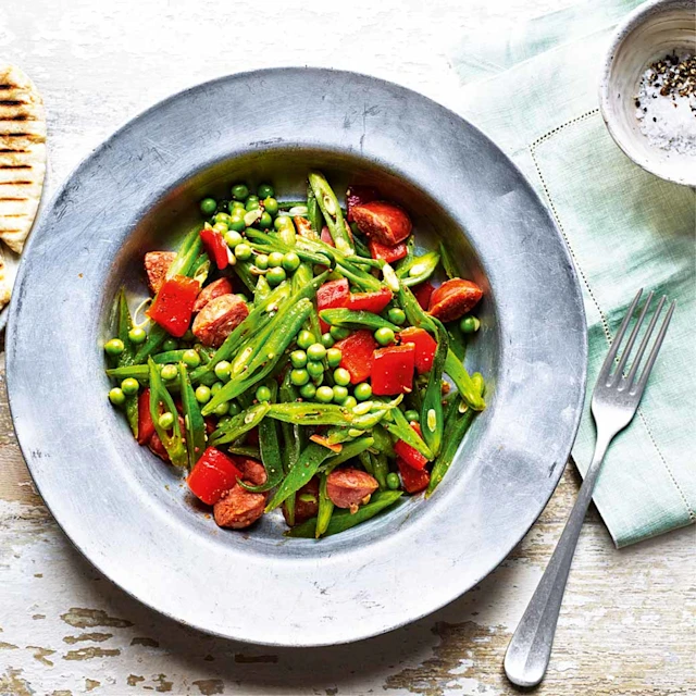 Runner beans, peas & chorizo warm salad