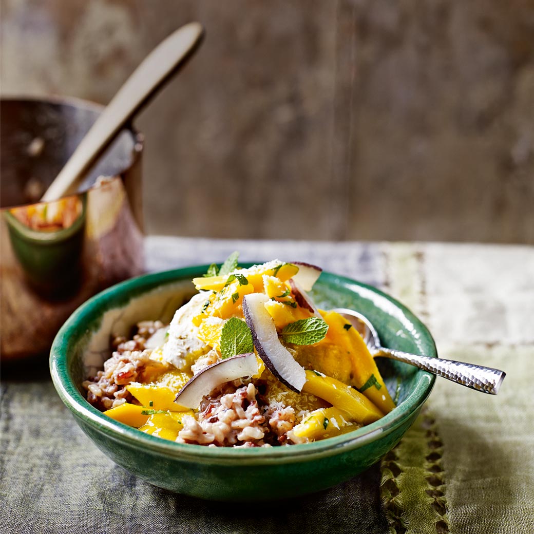 Coconut and wild rice pudding with mango and mint salsa